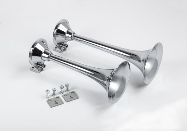 Train Air Horn Kit; Two Fullsize Trumpets 13" & 15" w/12-Volt 110 PSI Compressor - MyPushcart