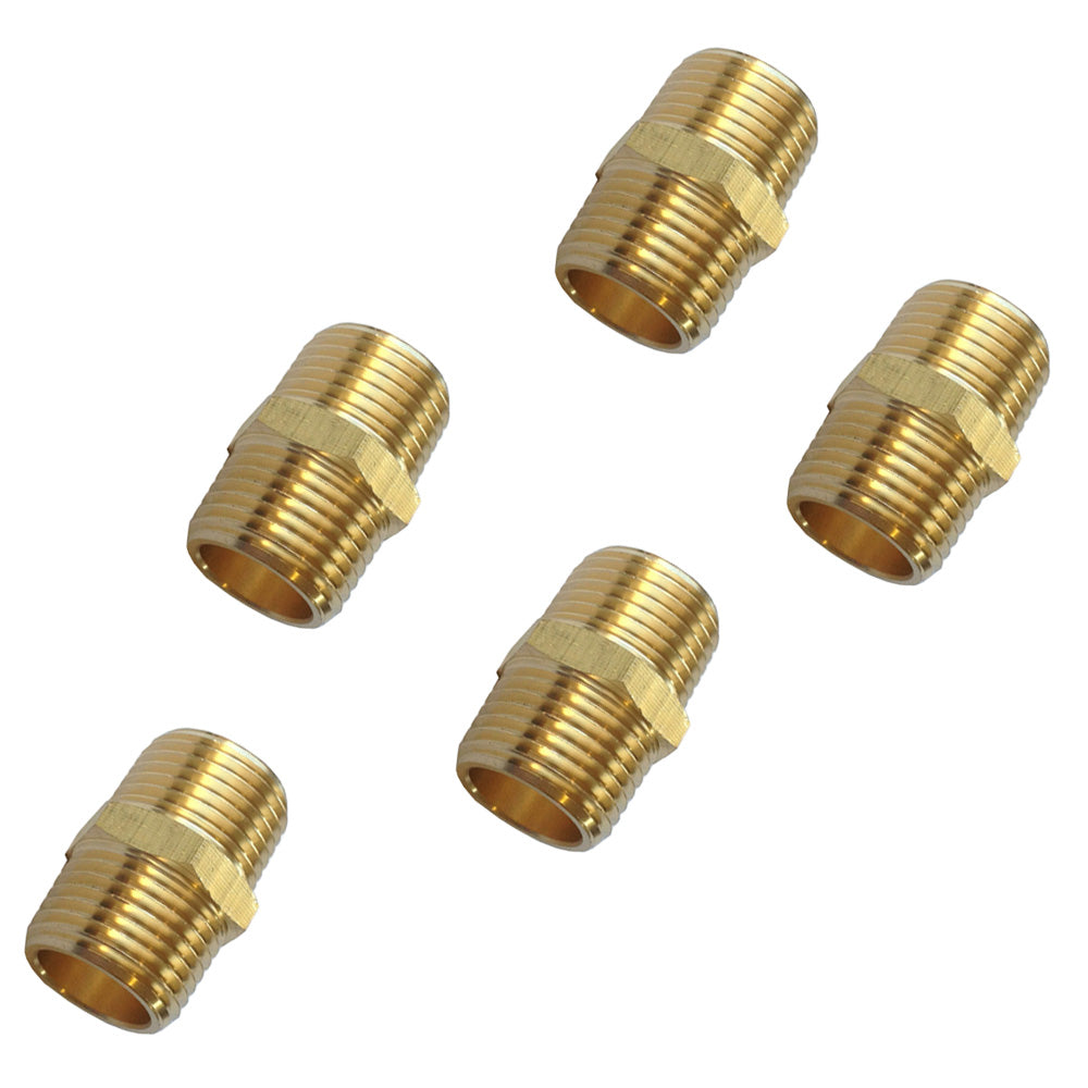 Brass Hex Nipple - 1/2" M NPT to 3/8" M NPT (5 PACK)