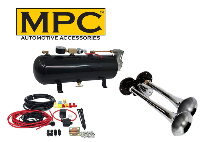 Air Horn Kit for Trucks; Two - Trumpet w/110 PSI 12 - Volt Compressor, Tank & Gauge - MyPushcart