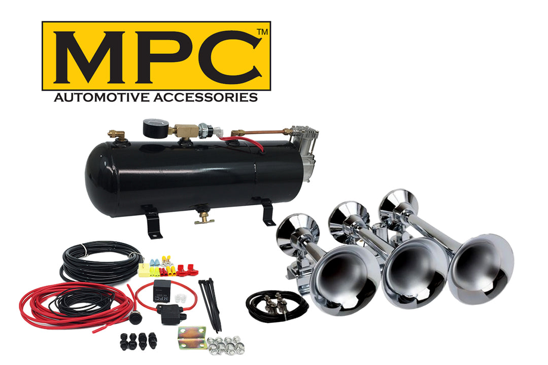 Train Air Horn Kit; Three Oversize Flat-Rack Trumpets, 110 PSI Compressor & Tank