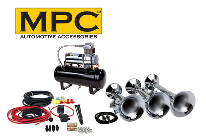 Train Air Horn Kit; Three Huge Trumpet Flat-Rack , Heavy Duty 150 PSI Compressor