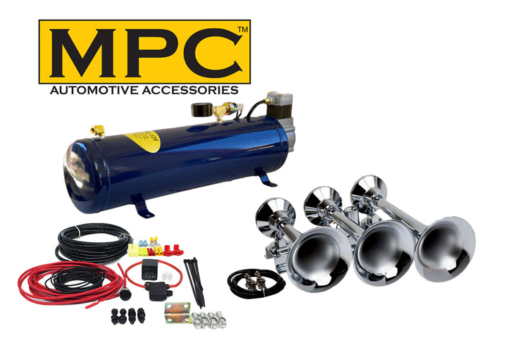 Train Air Horn Kit; Three Oversize Flat-Rack Trumpets, 130 PSI Compressor & Tank