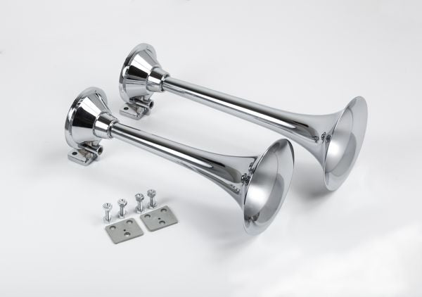 Train Air Horn Kit; Two Fullsize Trumpets 13" & 15" w/12-Volt 110 PSI Compressor
