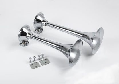 Train Air Horn Kit; Two Fullsize Trumpets 13" & 15" w/12-Volt 110 PSI Compressor
