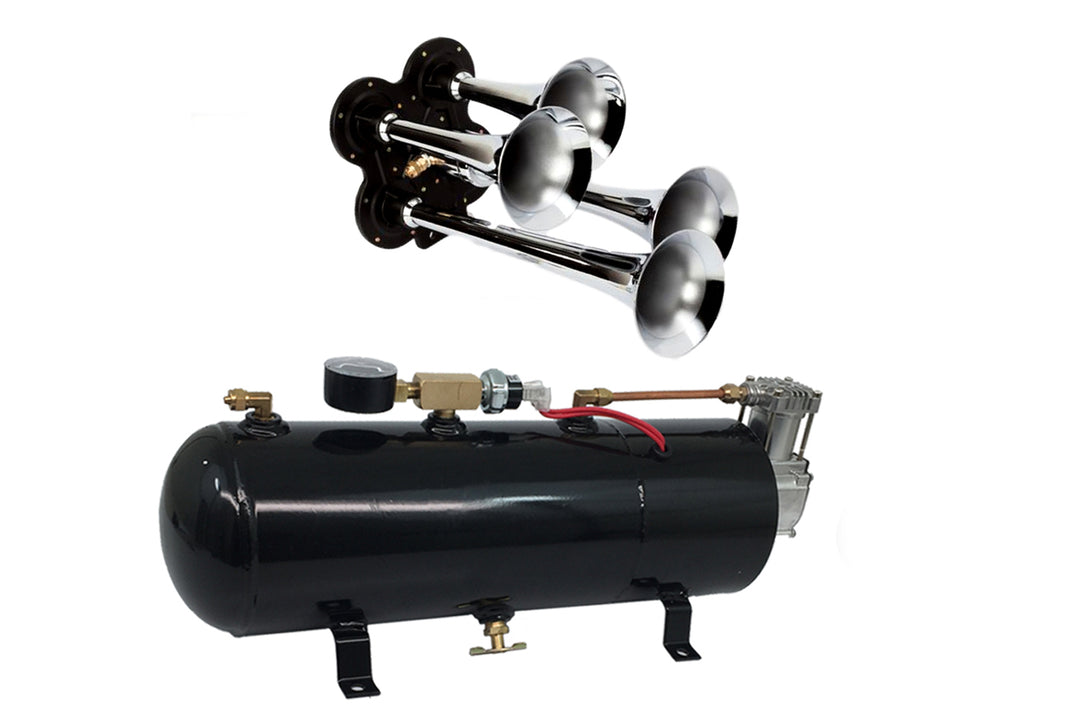 Four Trumpet Train Horn Complete Kit w/110 PSI, 12-Volt Compressor, Tank & Gauge