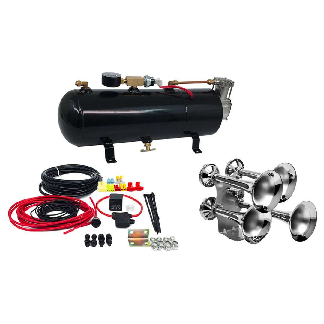 Train Air Horn Kit; Four Oversize Trumpets, 12 - Volt w/110 PSI Compressor & Tank - MyPushcart