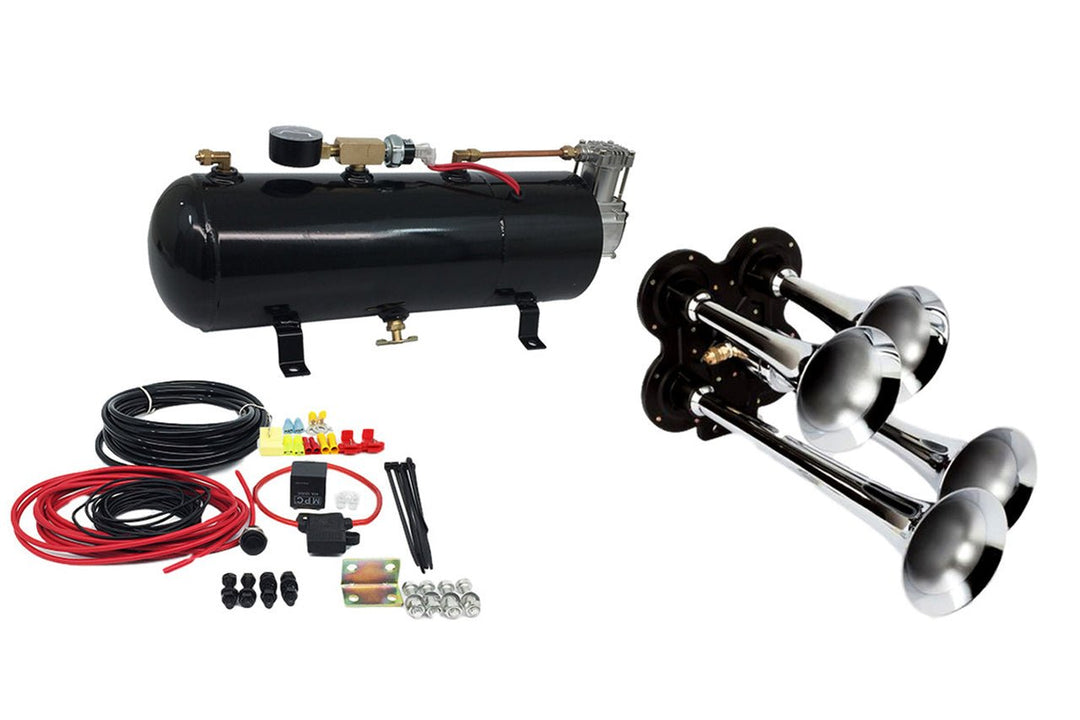 Train Air Horn Kit; Four Trumpets w/110 PSI, 12 - Volt Compressor, Tank & Gauge - MyPushcart