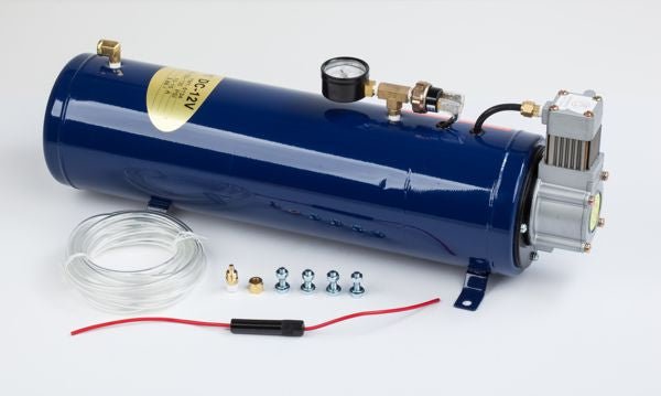 Train Air Horn Kit; Three Oversize Flat - Rack Trumpets, 130 PSI Compressor & Tank - MyPushcart