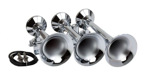 Train Air Horn Kit; Three Oversize Flat - Rack Trumpets, 150 PSI Compressor & Tank - MyPushcart