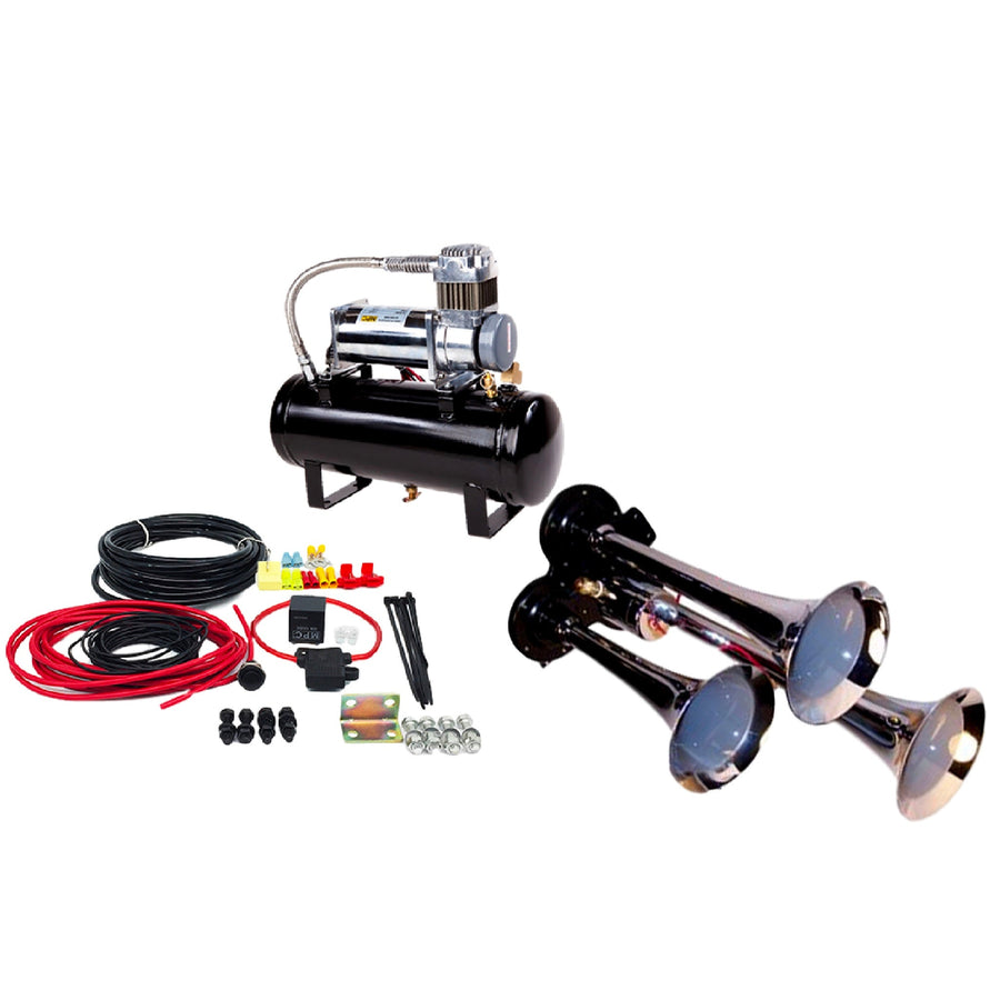 Train Air Horn Kit; Three - Trumpets with 12 - Volt Heavy Duty 150 PSI Compressor - MyPushcart