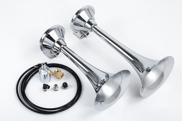 Train Air Horn Kit; Two Fullsize Trumpets 15" & 13" w/12 - Volt 110 PSI Compressor - MyPushcart