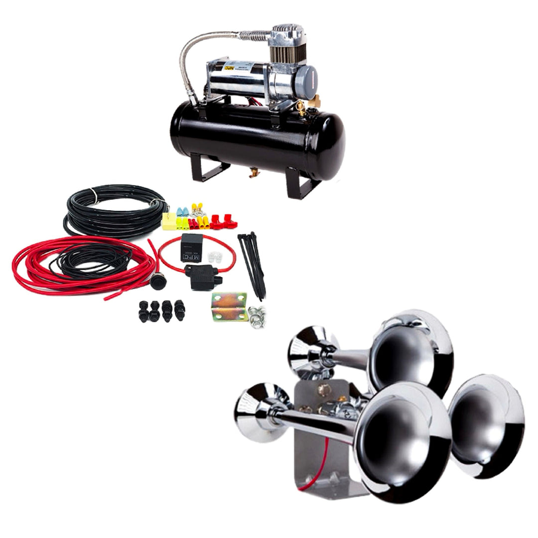 Train Air Horn Kit with Three Huge Trumpets 12 - Volt 150 PSI Compressor and Tank - MyPushcart