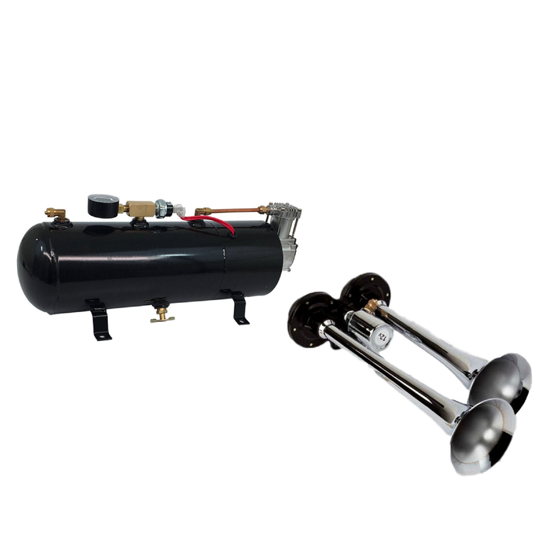 Two - Trumpet Air Horn Kit for Trucks: w/110 PSI 12 - Volt Compressor, Tank & Gauge - MyPushcart