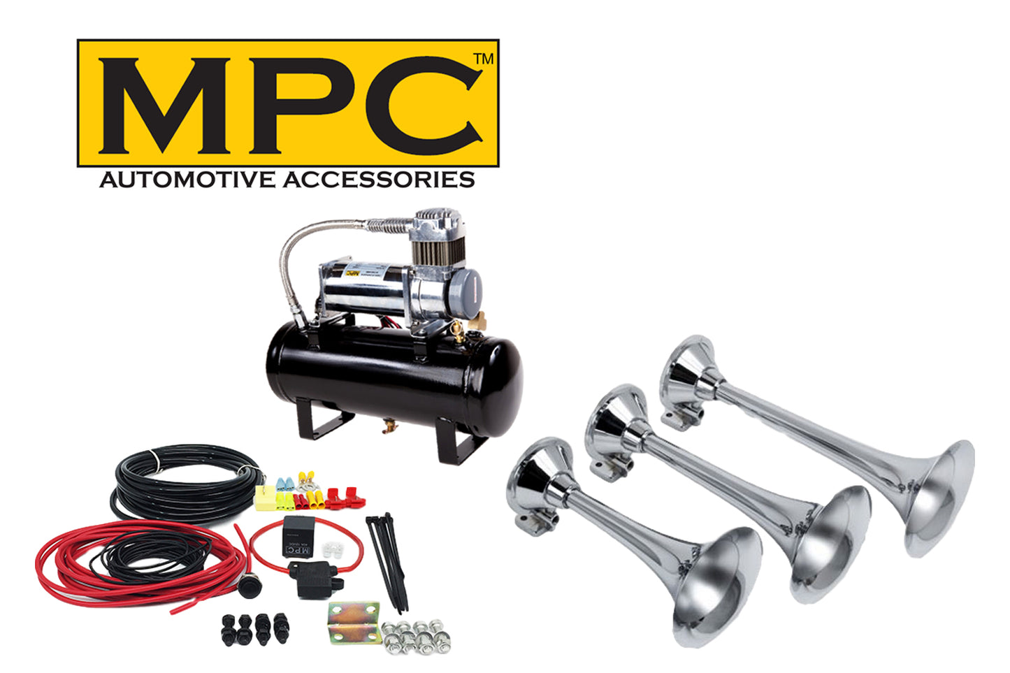 Train Air Horn Kit; Three Separate Huge Trumpets, Heavy Duty 150 PSI Compressor