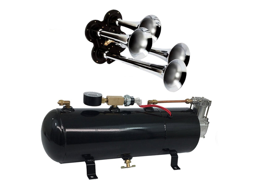 Four Trumpet Train Horn Complete Kit w/110 PSI, 12-Volt Compressor, Tank & Gauge - MyPushcart