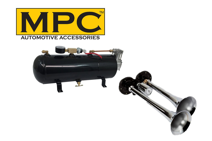 Two-Trumpet Air Horn Kit for Trucks: w/110 PSI 12-Volt Compressor, Tank & Gauge - MyPushcart